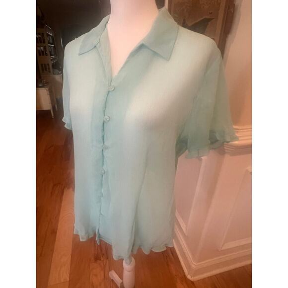NOTATIONS sheer TURQUOISE RUFFLED button up top womens size large - Picture 5 of 8